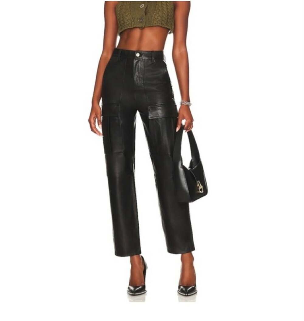 GRLFRND Gianna Black Leather High Waist Straight Leg Cargo Pants Size 25